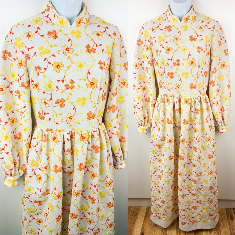 Vintage 70s Floral Embroidered Long Puff Sleeve Maxi Dress Yellow Orange Retro